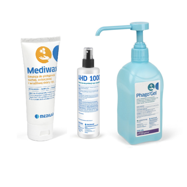 Medilab Zestaw do Dezynfekcji Rąk - Mediwax 75 ml, AHD1000 250 ml, Phago`Gel 500 ml