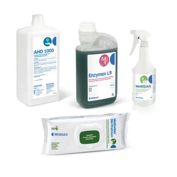 Medilab Zestaw do Dezynfekcji Dla Salonu - MediQuick 1 L, Enzymex 1 L, AHD1000 1 L, Mediwipes 100 szt