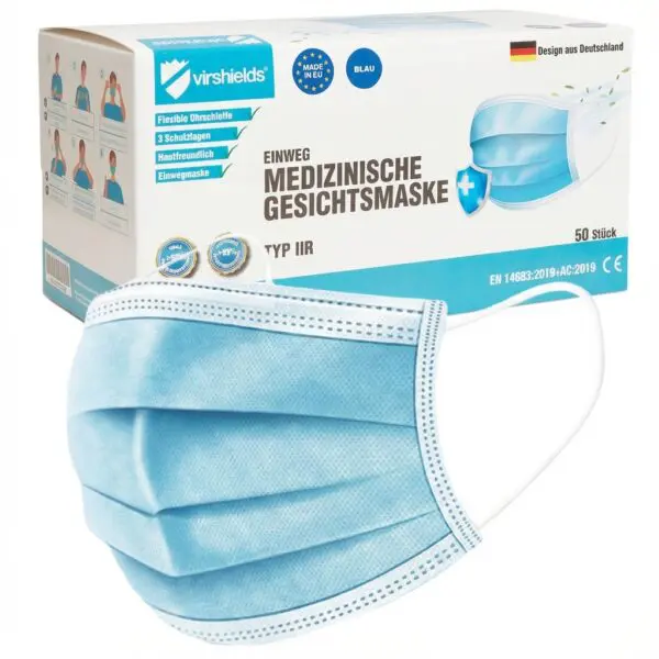 Maska Higieniczna Trzywarstwowa Niebieska 50 szt VIRSHIELDS Typ IIR