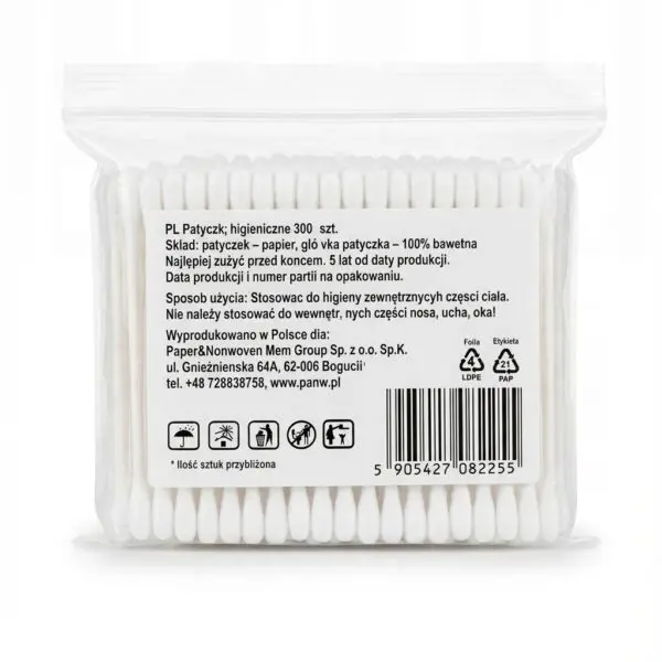 Patyczki kosmetyczne higieniczne biodegradowalne 300 szt – bawełna 100% + papier (dwustronne)