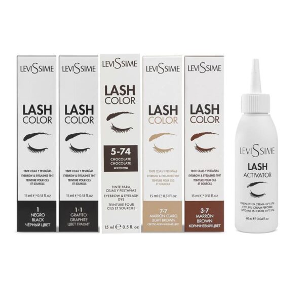 Levissime Zestaw Farb Lash Color 5 Kolorów (1, 1-1, 3-7, 5-74, 7-7) + Oksydant Oxidant LASH ACTIVATOR 6V (1,8%) 90 ml